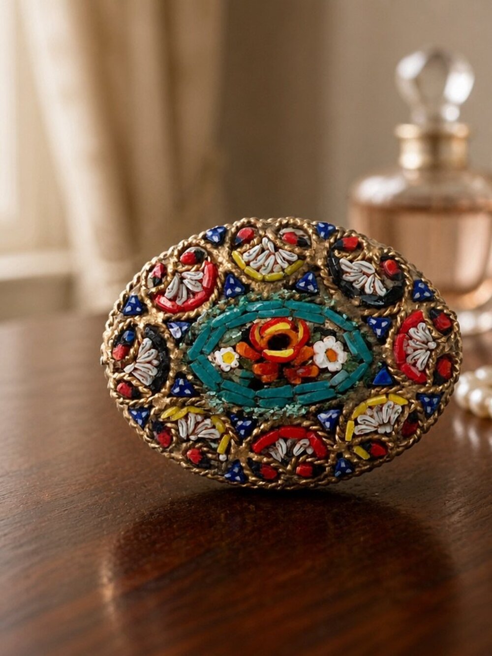 Vintage Italian Micro Mosaic Oval Brooch With Floral Design